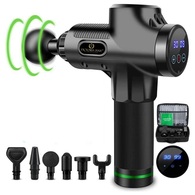 VICTORIA - Pistola de Masaje Muscular Profesional con 6 Cabezales, 30 Velocidades