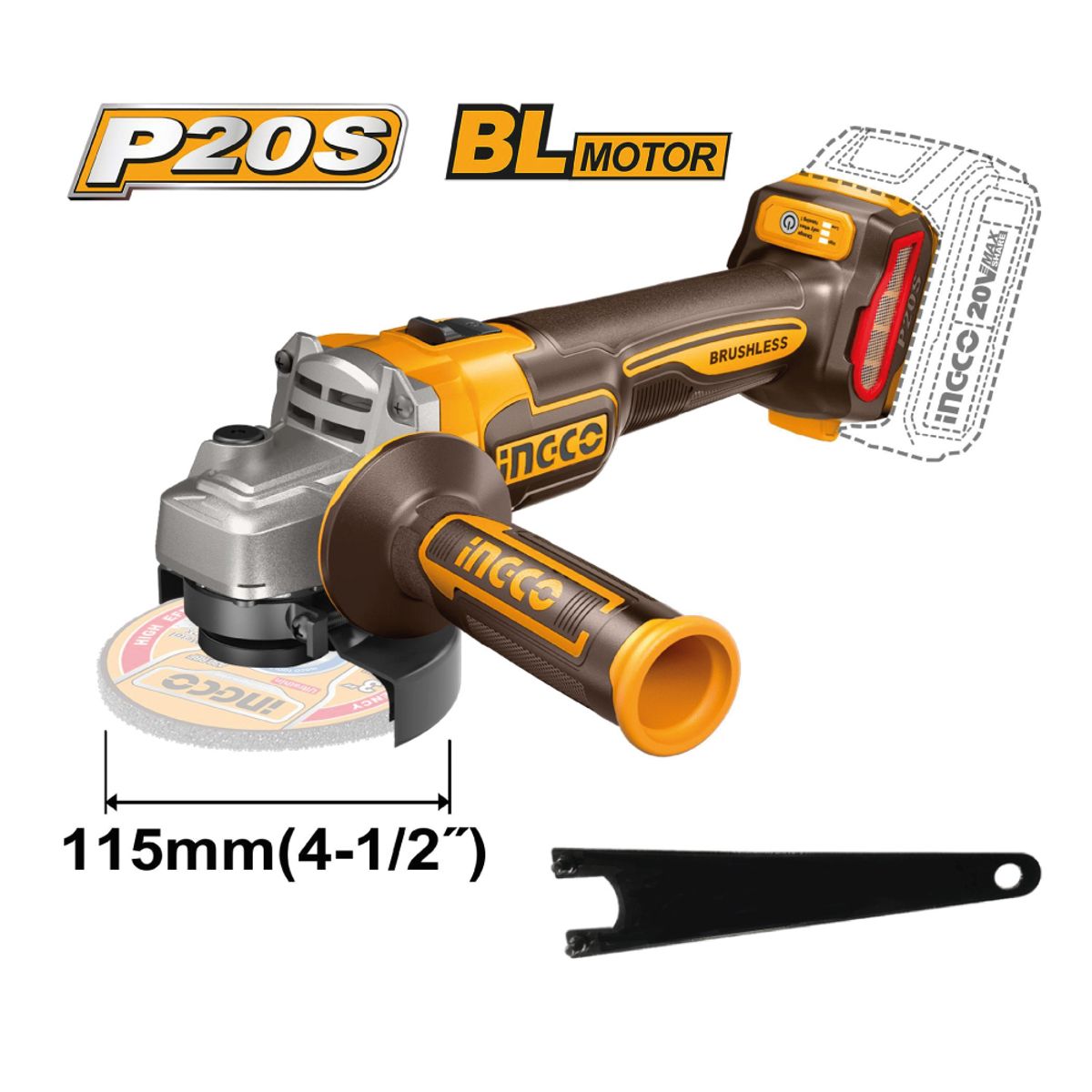 INGCO TOOLS - AMOLADORA ANGULAR BRUSHLESS INGCO 20V  4 1/2'' 115MM INGCO CAGLI21154