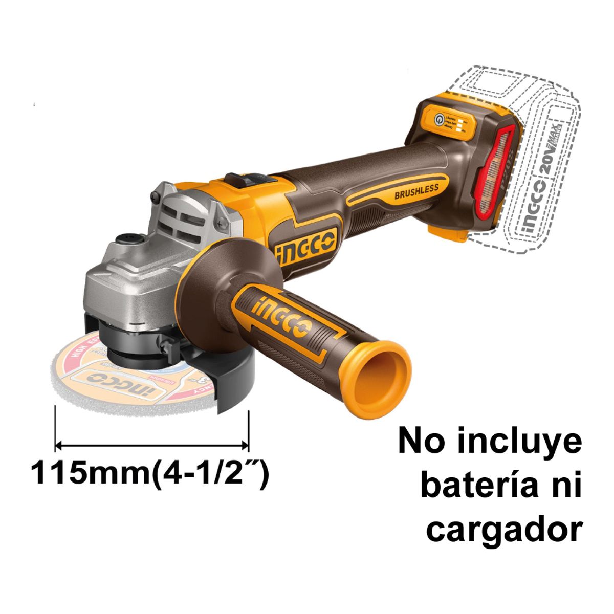 INGCO TOOLS - AMOLADORA ANGULAR BRUSHLESS INGCO 20V  4 1/2'' 115MM INGCO CAGLI21154