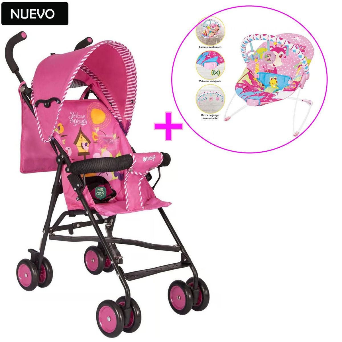 EBABY - Coche Bastón Ebaby Fresh Style Fucsia +Silla Nido Safari