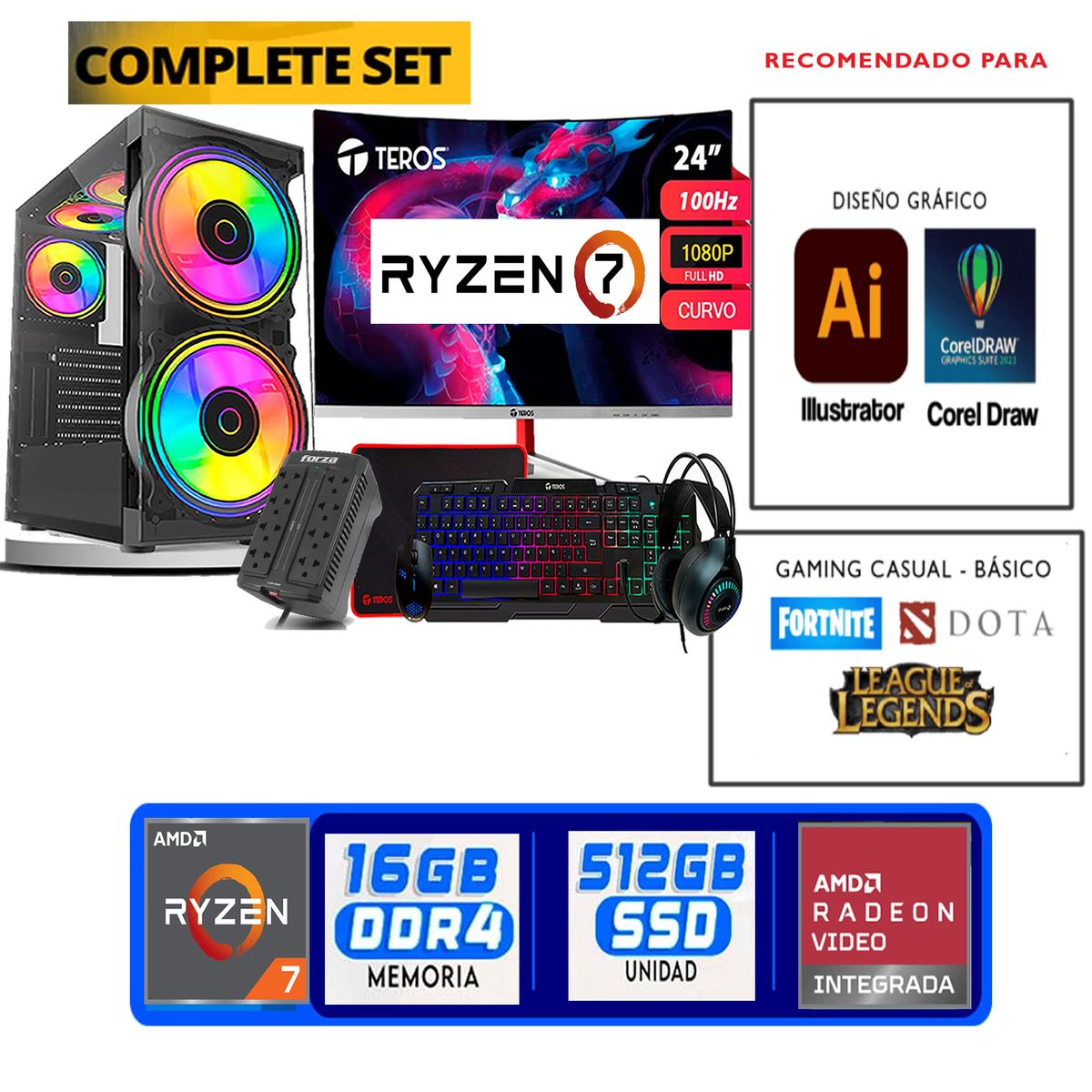 TEROS GAMING - Computadora ryzen 7 5700g ram 16gb ssd  512 M.2  monitor 24 full hd