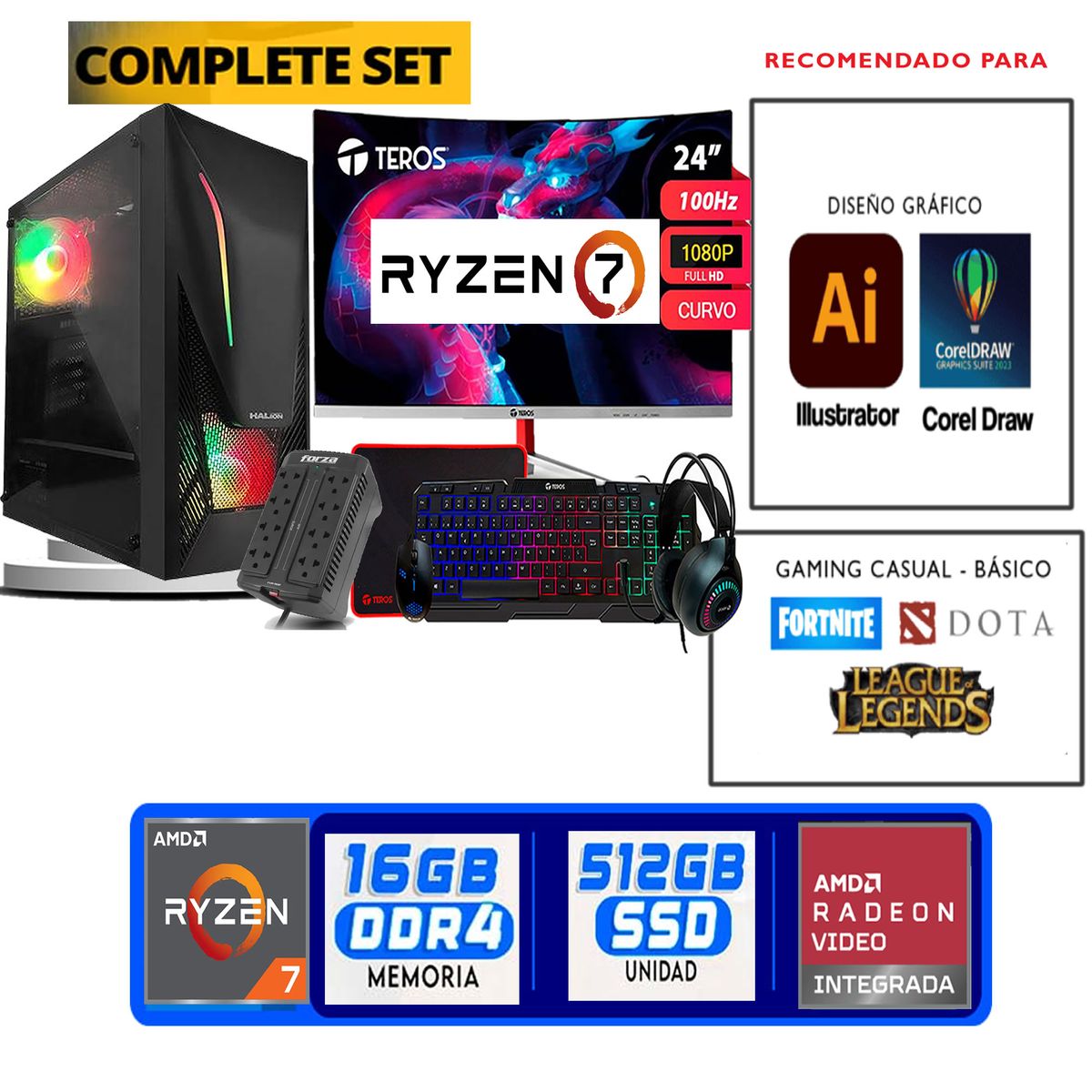 TEROS GAMING - Computadora ryzen 7 5700g ram 16gb ssd  512 M.2  monitor 24 full hd