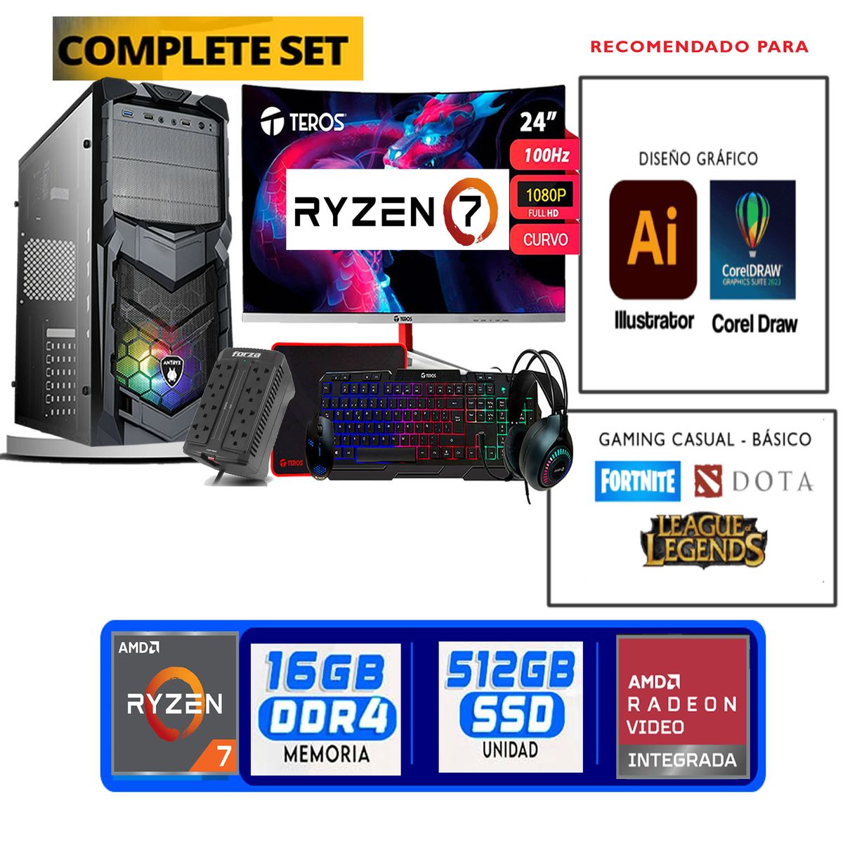 TEROS GAMING - Computadora ryzen 7 5700g ram 16gb ssd  512 M.2  monitor 24 full hd