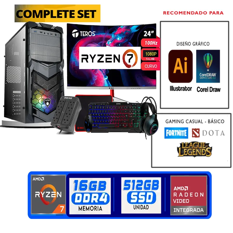 TEROS GAMING - Computadora ryzen 7 5700g ram 16gb ssd  512 M.2  monitor 24 full hd