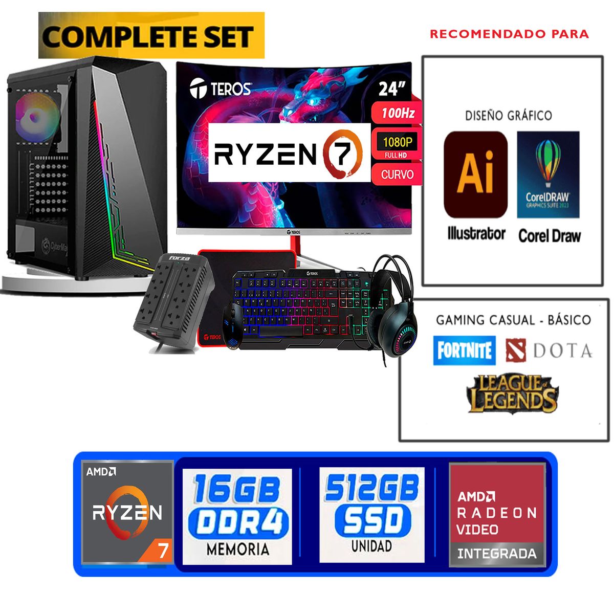 TEROS GAMING - Computadora ryzen 7 5700g ram 16gb ssd  512 M.2  monitor 24 full hd