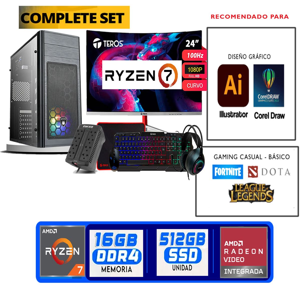 TEROS GAMING - Computadora ryzen 7 5700g ram 16gb ssd  512 M.2  monitor 24 full hd