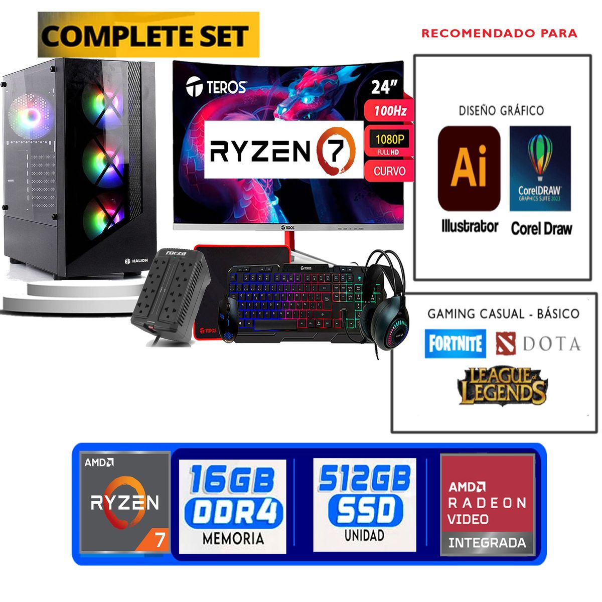 TEROS GAMING - Computadora ryzen 7 5700g ram 16gb ssd  512 M.2  monitor 24 full hd