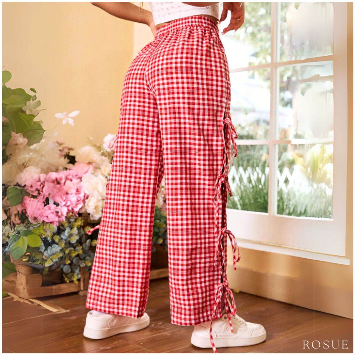 ROSUE - Pantalón mujer Picnic Cuadros con Lacitos