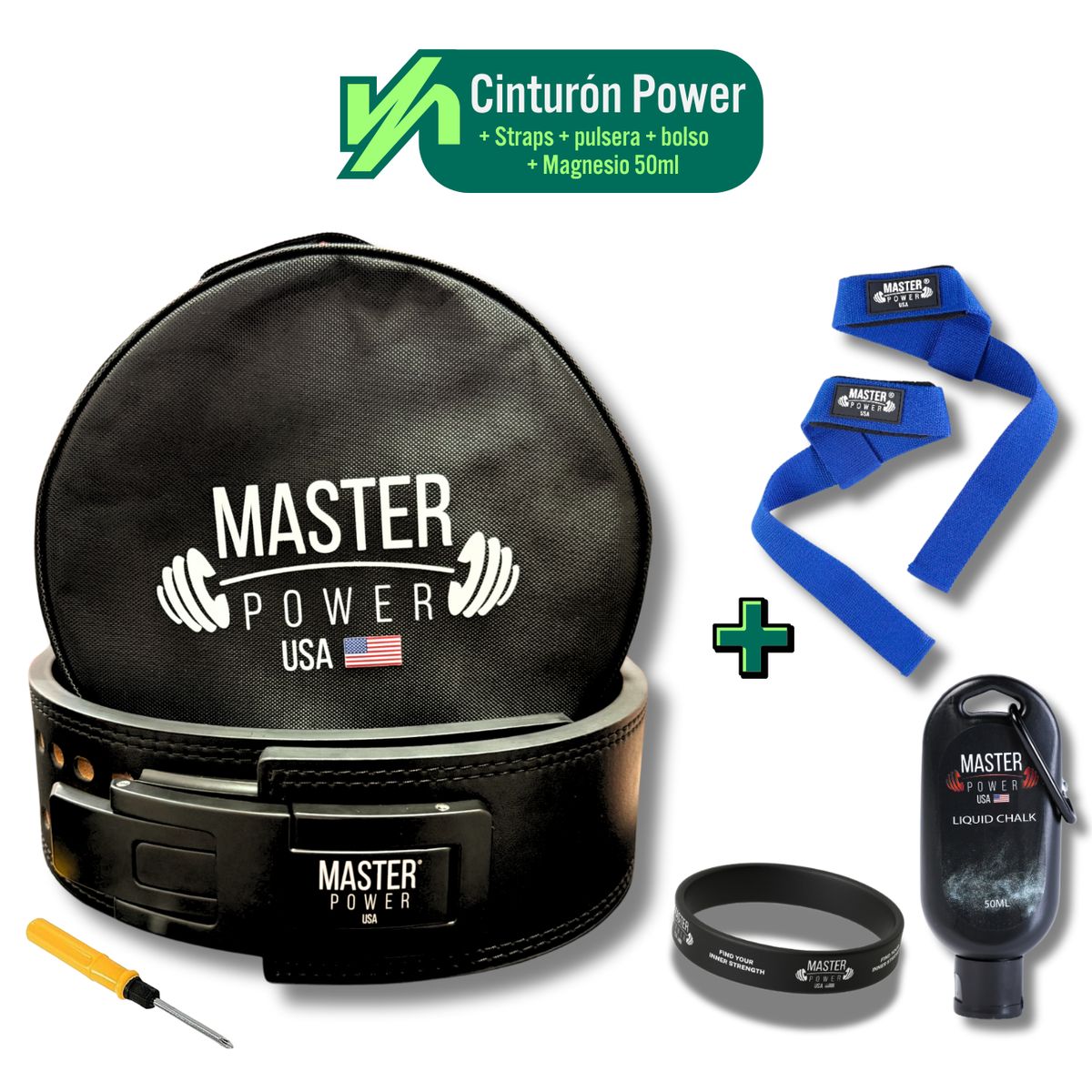 MASTERPOWER - CINTURON  - MASTER POWER  + STRAPS AZUL + MAGNESIO 50ML
