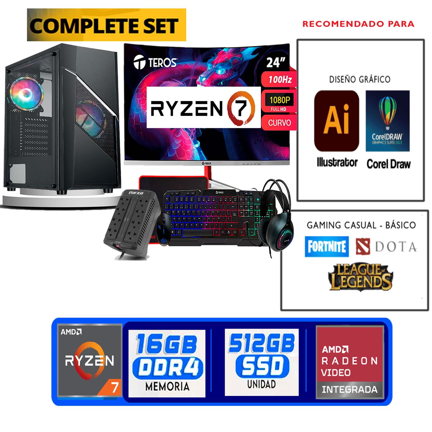 Computadora ryzen 7 5700g ram 16gb ssd  512 M.2  monitor 24 full hd
