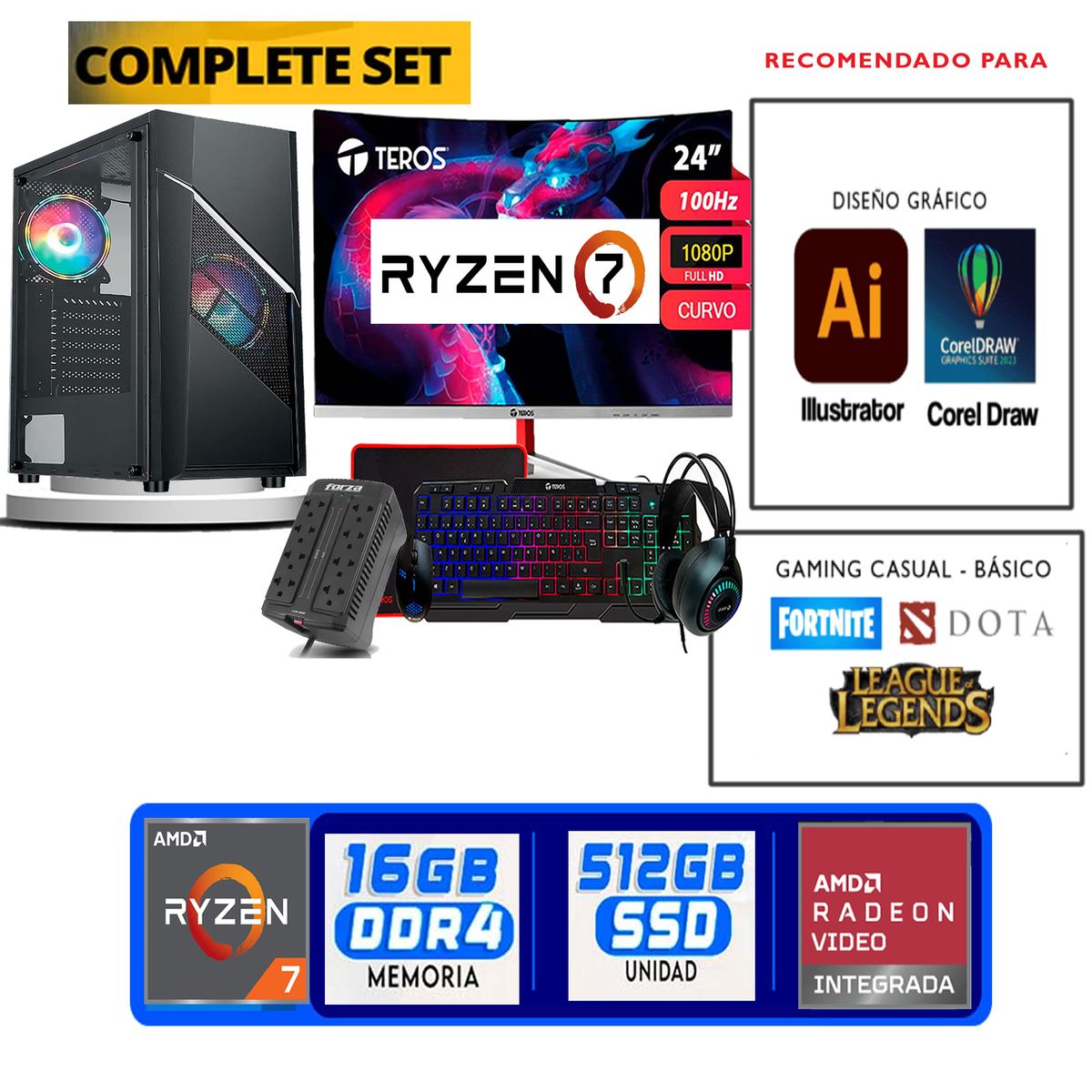 TEROS GAMING - Computadora ryzen 7 5700g ram 16gb ssd  512 M.2  monitor 24 full hd