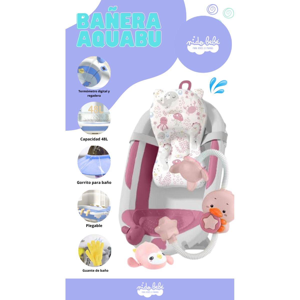 GENERICO - Bañera Plegable de Bebe modelo AQUABU Color Rosado 2025