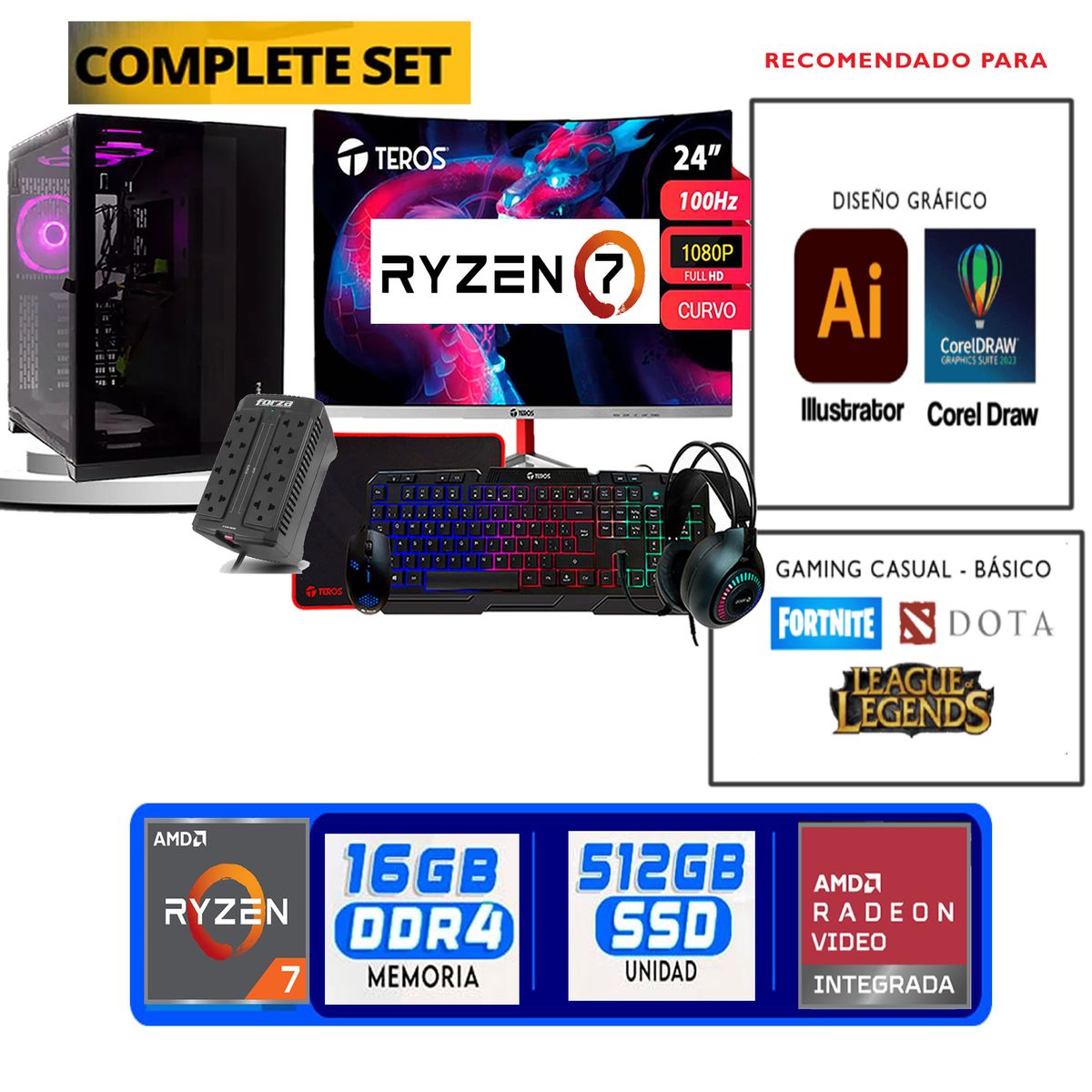 TEROS GAMING - Computadora ryzen 7 5700g ram 16gb ssd  512 M.2  monitor 24 full hd