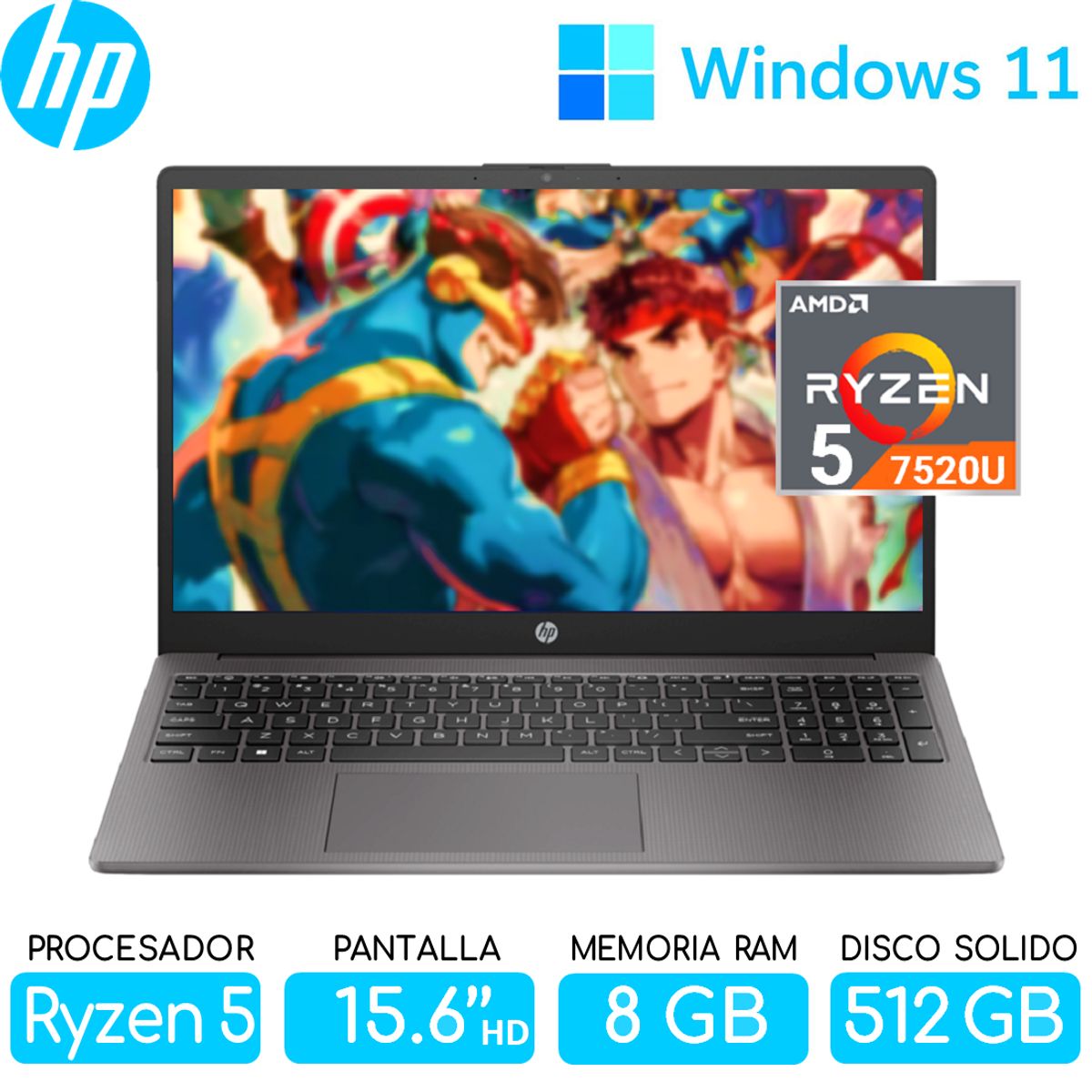 HP - Laptop HP Ryzen 5-7520U SSD 512gb RAM 8gb Pantalla 15.6 FHD Windows 255 G10