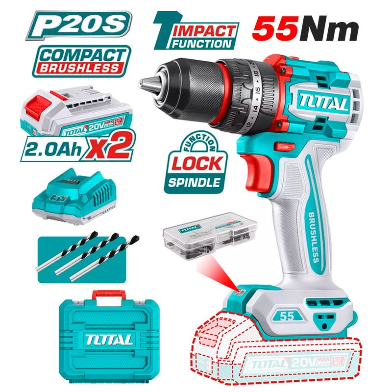 TOTAL TOOLS - Taladro Atornillador Percutor Industrial TIDLI20558 20V 55Nm Brushless