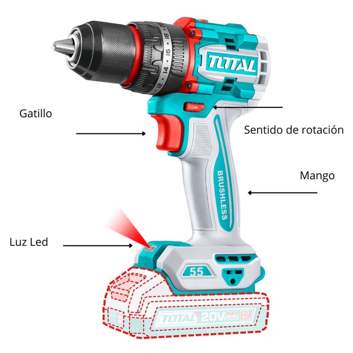 TOTAL TOOLS - Taladro Atornillador ½ Percutor Industrial TIDLI20558 20V 55Nm BL