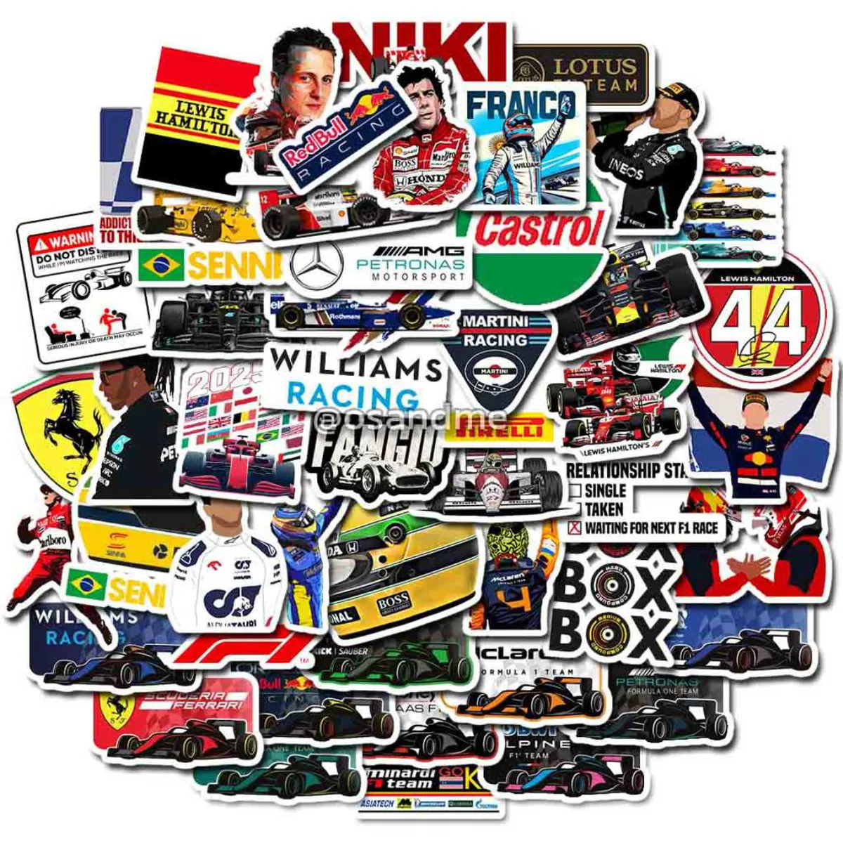 GENERICO - Sticker Formula 1 pack 50 pegatinas f1 autos resistente al agua