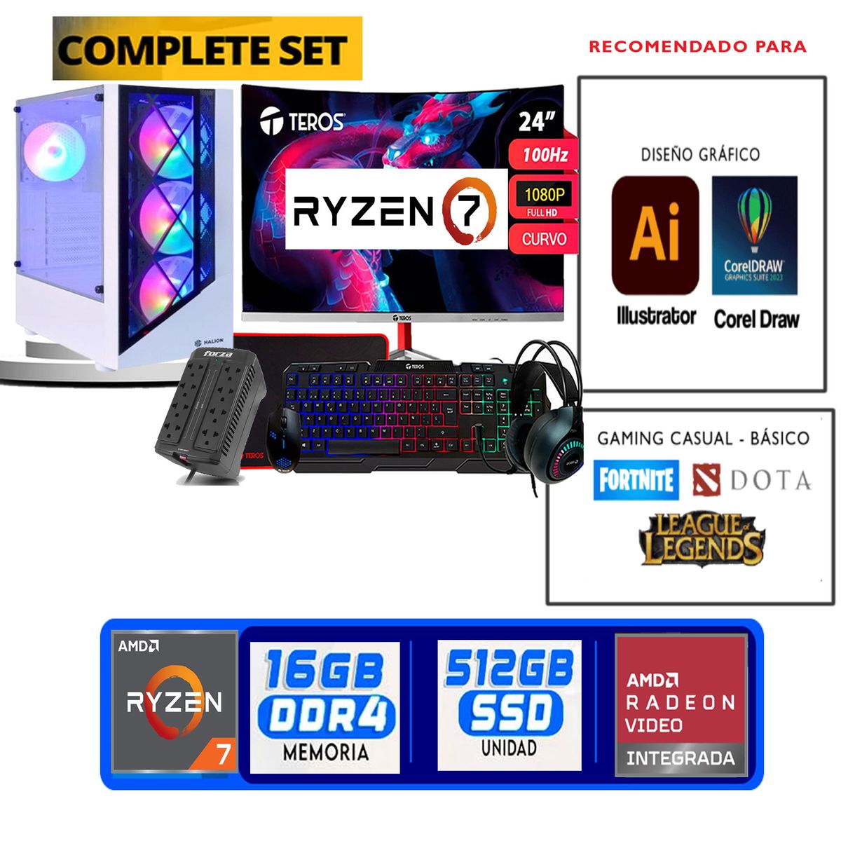 TEROS GAMING - Computadora ryzen 7 5700g ram 16gb ssd  512 M.2  monitor 24 full hd