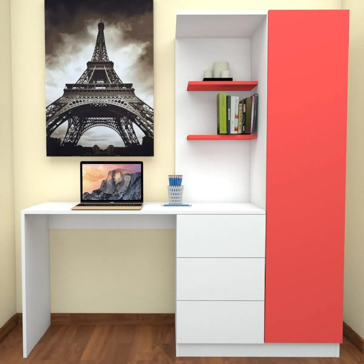 BARAKA HOME - Escritorio con Cajones y Estante Lateral Yaren - Blanco