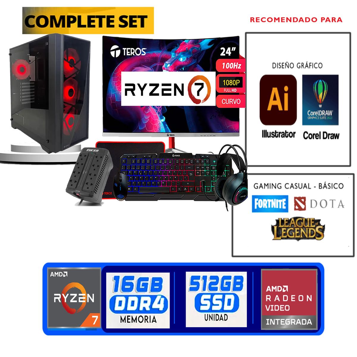 TEROS GAMING - Computadora ryzen 7 5700g ram 16gb ssd  512 M.2  monitor 24 full hd
