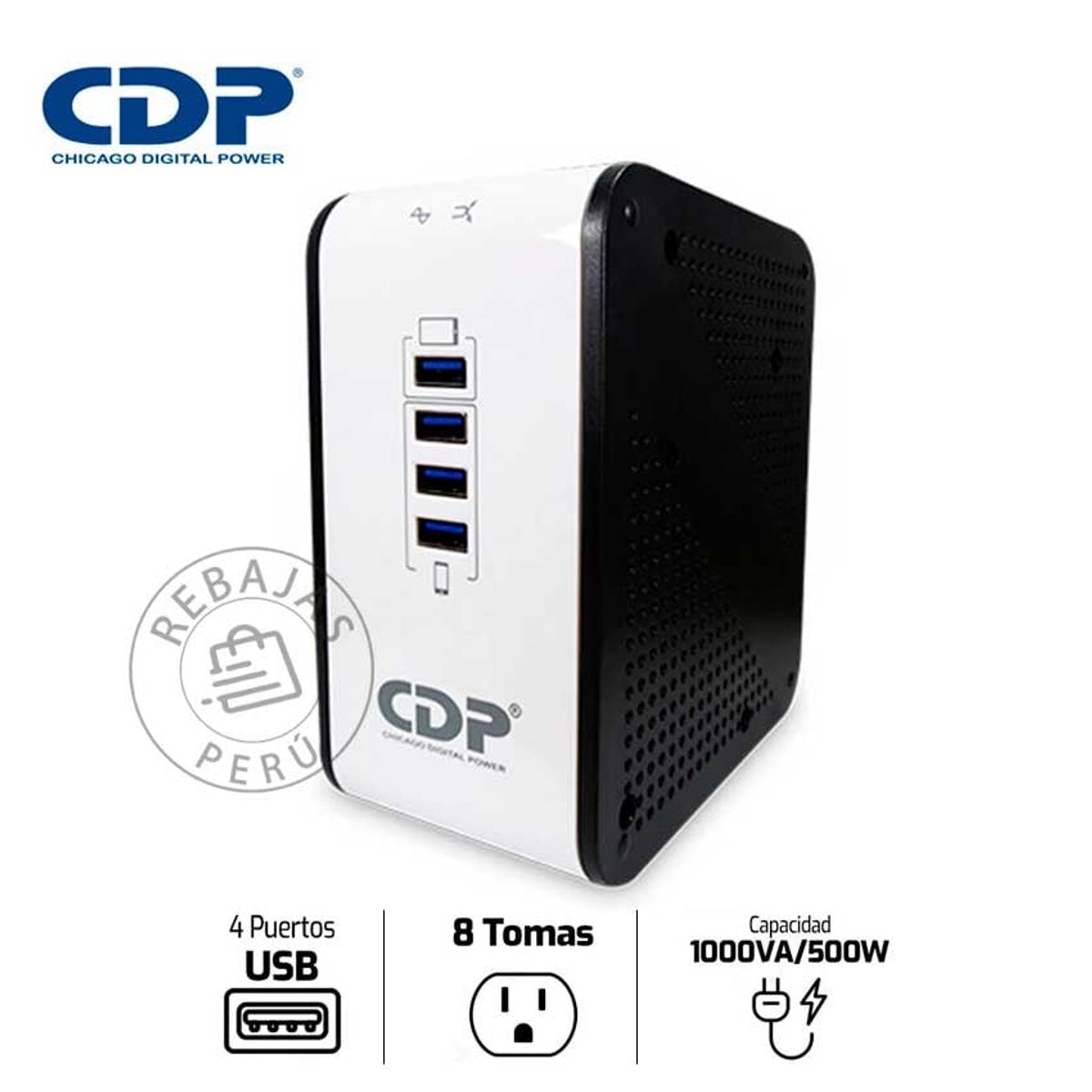 CDP - Estabilizador CDP R2CU-AVR1008I 1000VA/500W con 8 Salidas y 4 USB