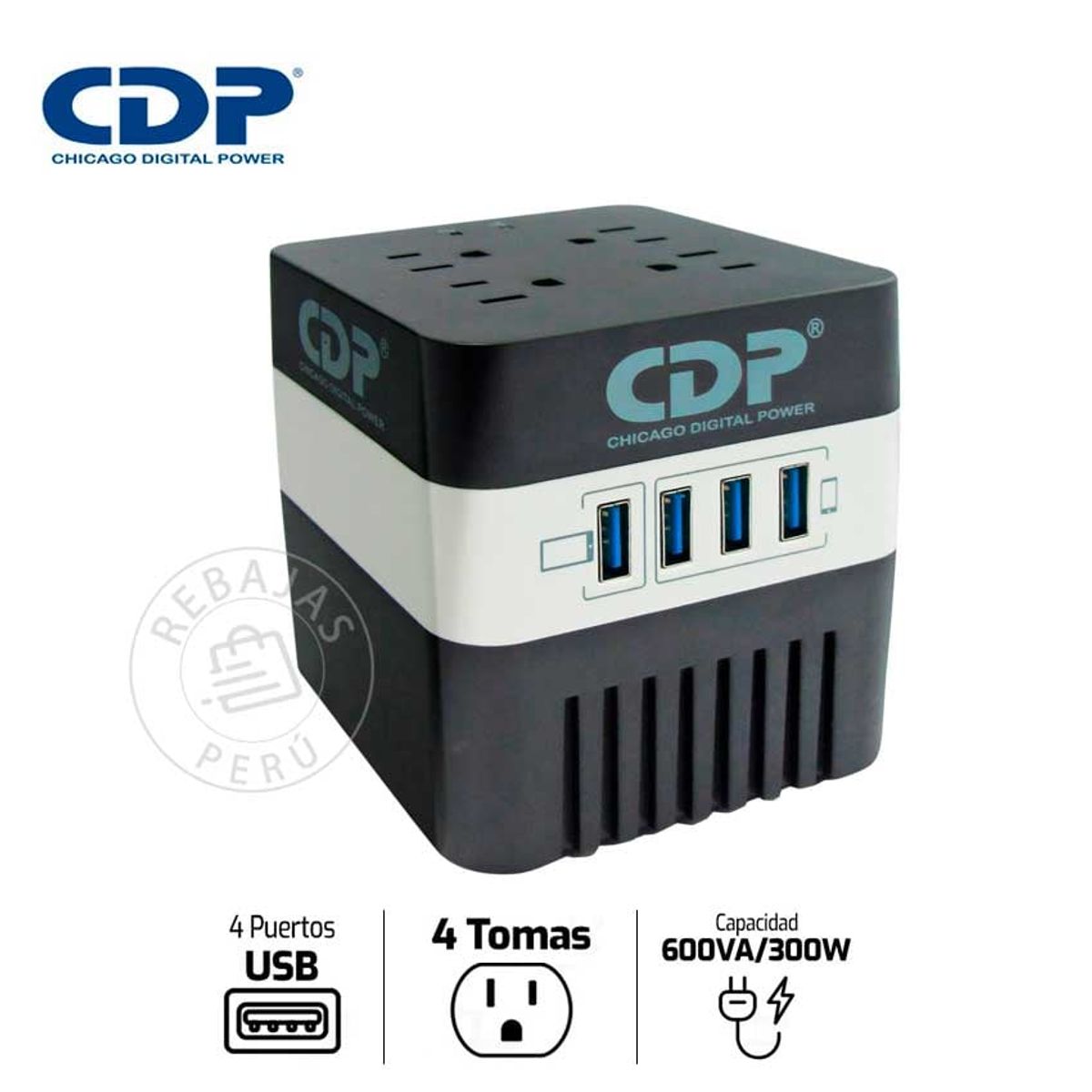 CDP - Estabilizador CDP RU-AVR604I 600VA/300W con 4 Salidas y 4 Puertos USB