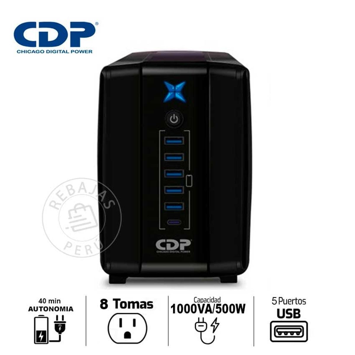 CDP - UPS CDP R-UPR1008I 1000VA/500W con 8 Salidas y 5 Puertos USB Tipo C