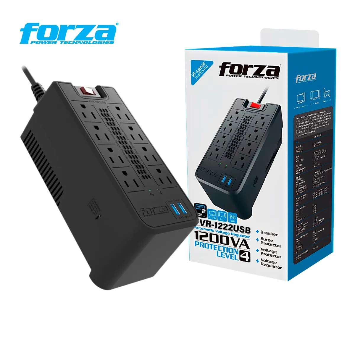 FORZA - Estabilizador  FORZA  FVR-1222USB 1200VA 600W 8 TOMAS