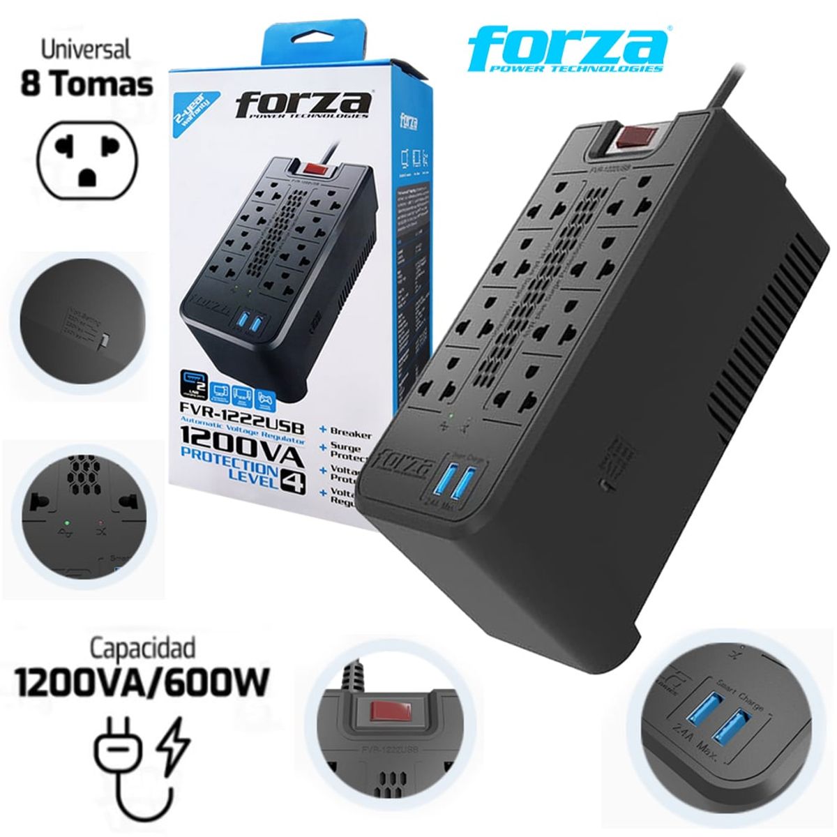 FORZA - Estabilizador FORZA FVR-1222 1200VA 600W 8 TOMAS 220V 2 USB Regulador