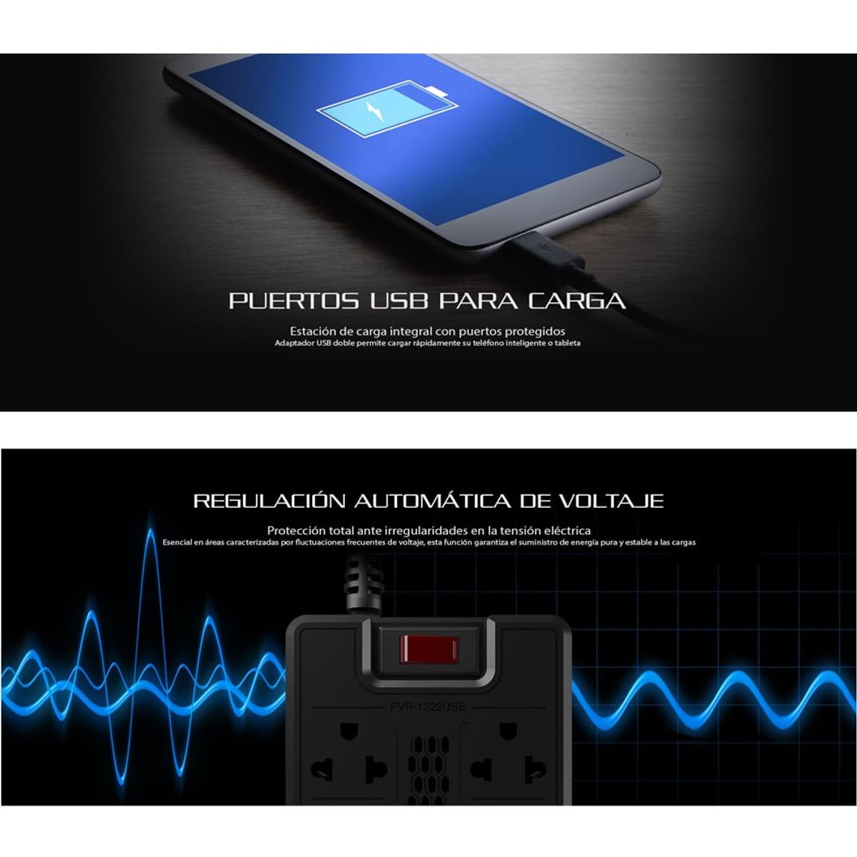 FORZA - Estabilizador FORZA FVR-1222 1200VA 600W 8 TOMAS 220V 2 USB Regulador