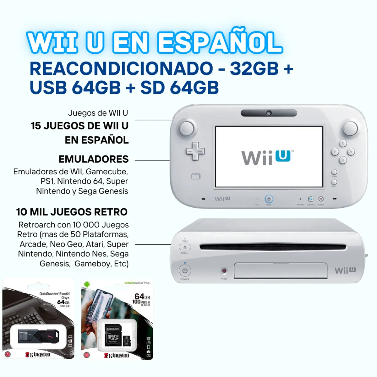 NINTENDO - Nintendo Wii U Blanco Reacondicionada USB 64GB + SD 64GB