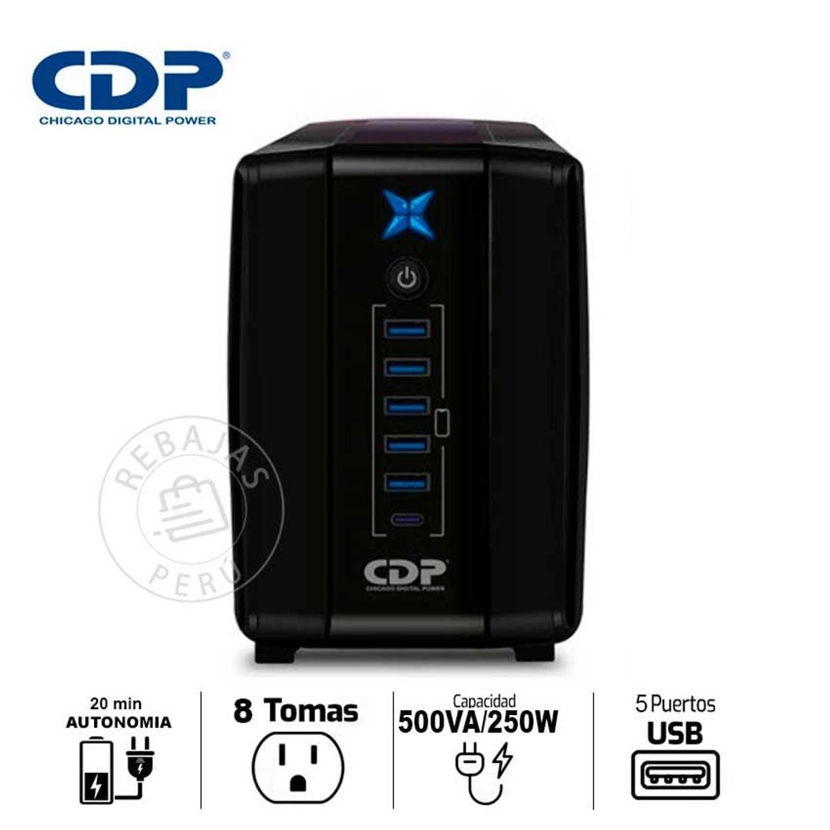 CDP - UPS CDP R-UPR508I 500VA/250W con 8 Salidas y 5 Puertos USB Tipo C