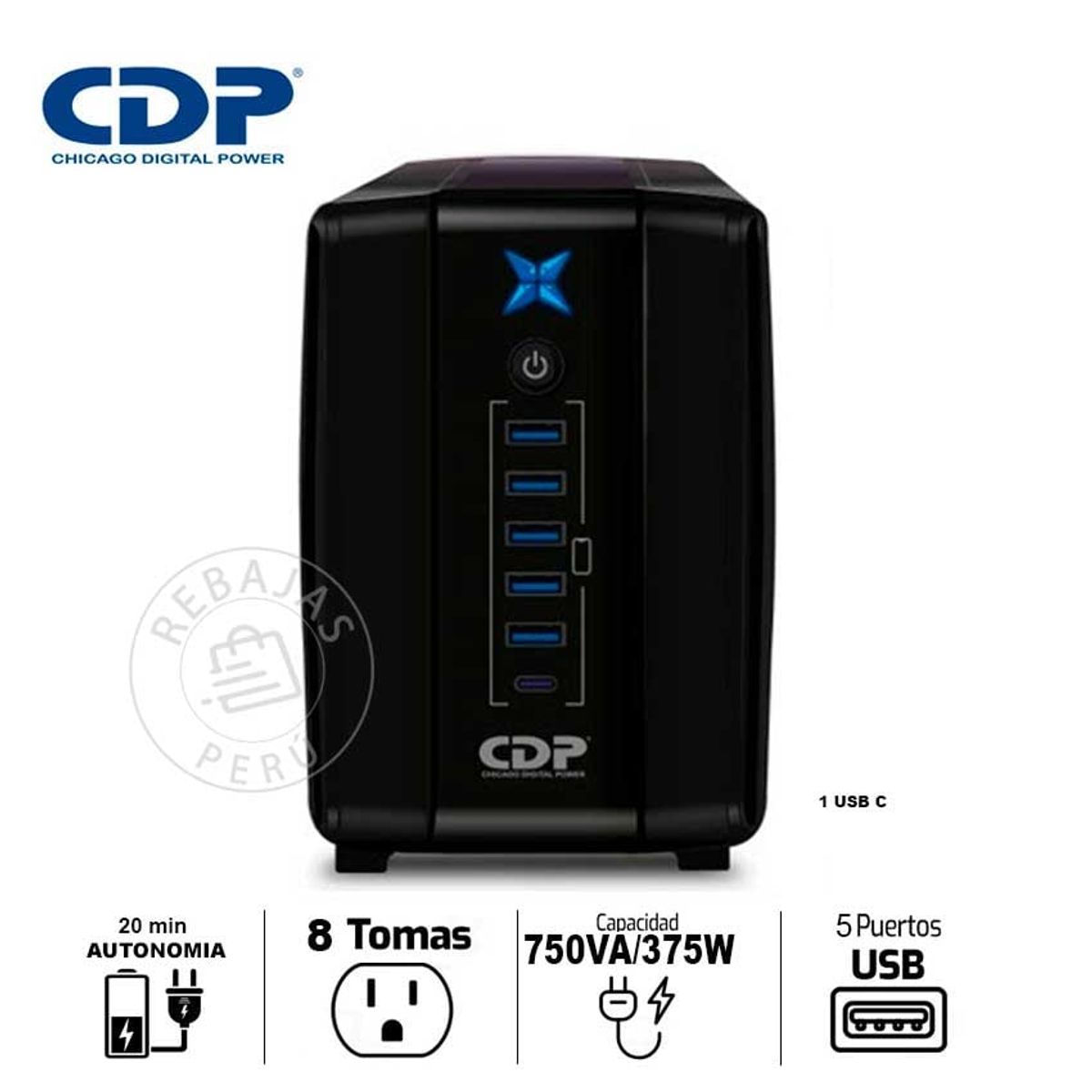 CDP - UPS CDP R-UPR758I 750VA/375W con 8 Salidas y 5 Puertos USB Tipo C