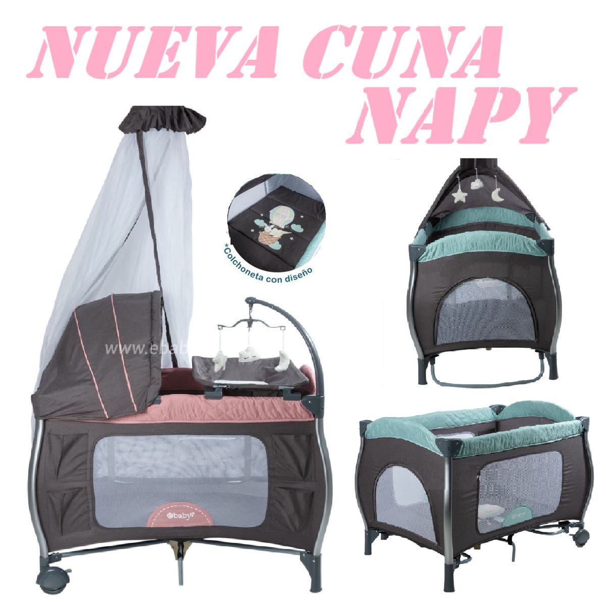 EBABY - Cuna Corral Aluminio NAPY 779C-1 Tul Reina -Rosa
