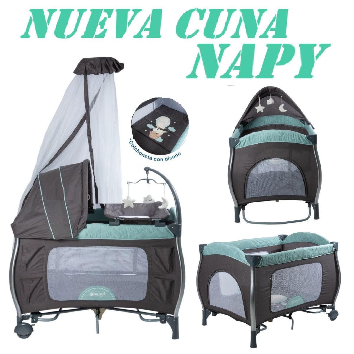 EBABY - Cuna Corral Aluminio NAPY 779C-1 Tul Reina -Verde