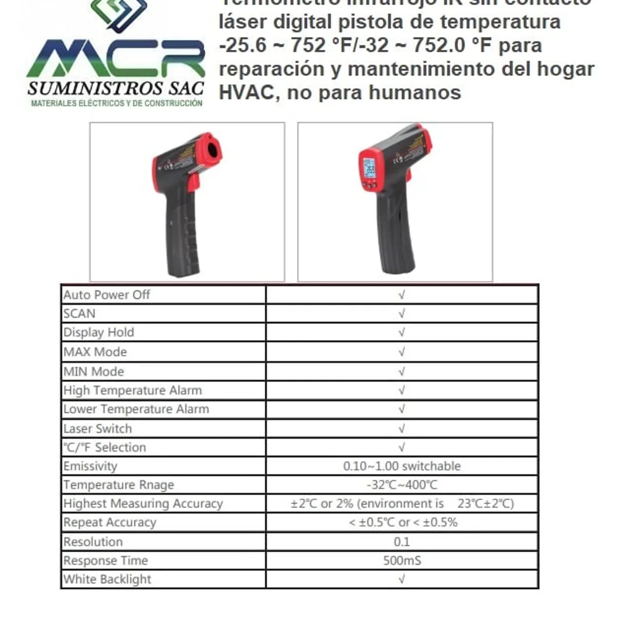 GENERICO - Pirometro Termómetro Industrial De Temperatura Infrarrojo HASTA 400°C