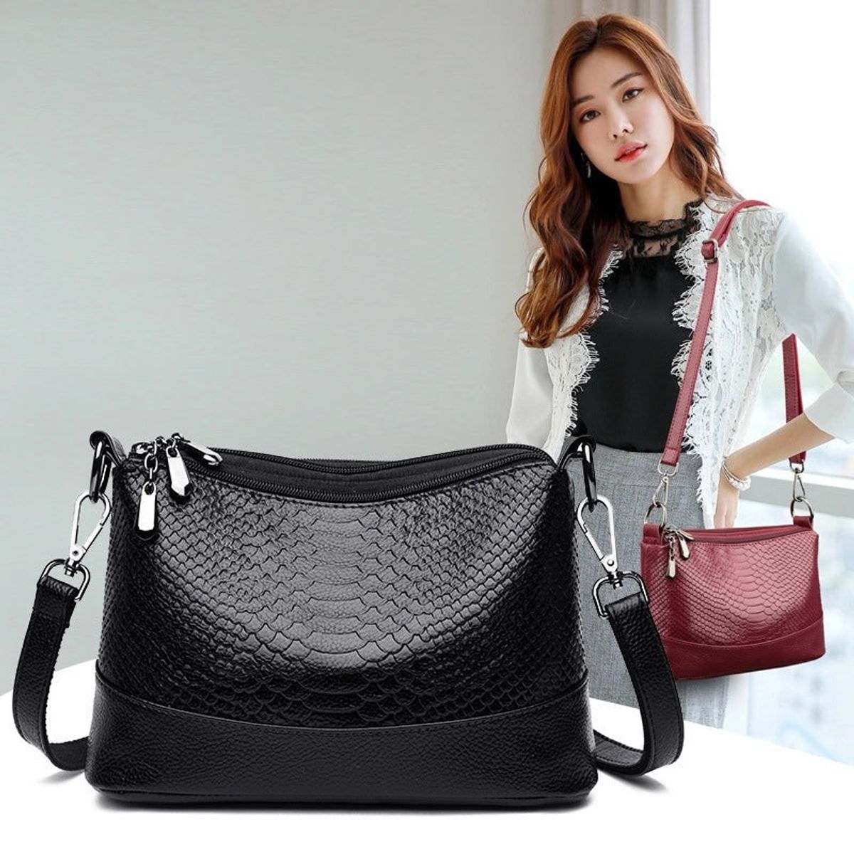 AURELA - Bolso de Hombro de Cuero Chloe™ con Patrón de Cocodrilo para Mujeres con Estilo