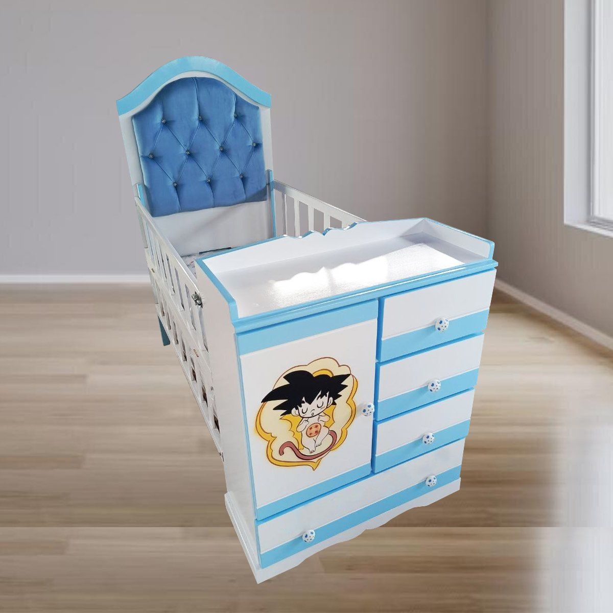 GENERICO - CUNA MULTICUNA BEBE CELESTE CON CABECERA TAPIZADA ESFERA