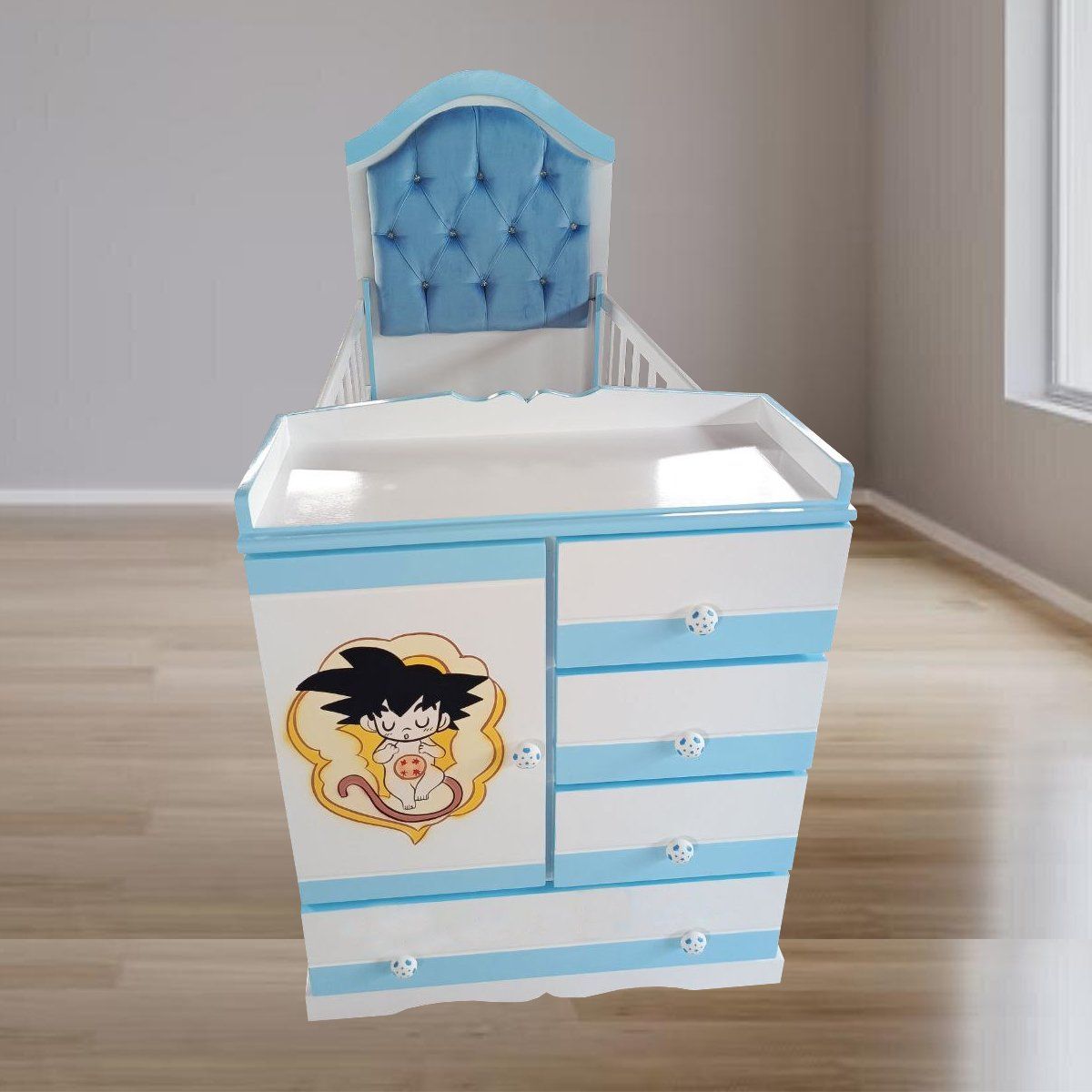 GENERICO - CUNA MULTICUNA BEBE CELESTE CON CABECERA TAPIZADA ESFERA