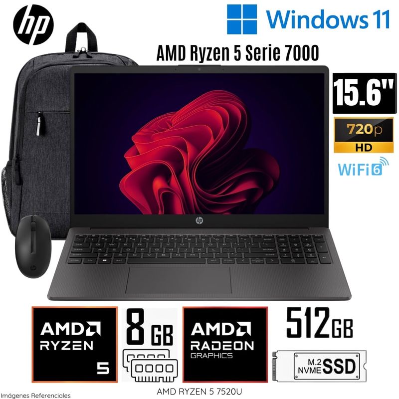 HP - Laptop HP 255 G10(A12HBLT#ABM)  AMD Ryzen5-7520U 8GB RAM 512GB SSD 15.6"  HD + Mochila y Mouse HP