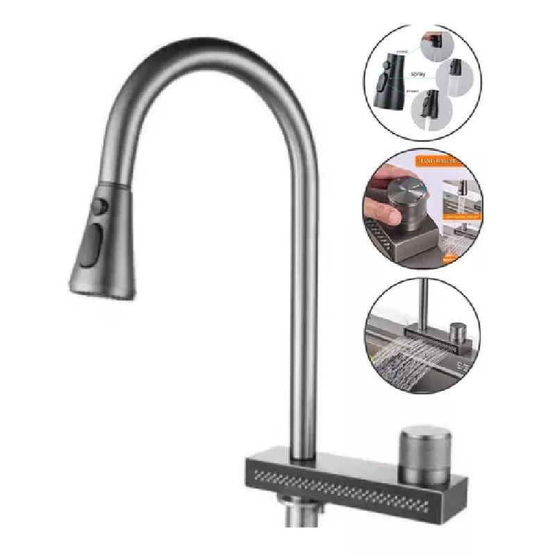GENERICO - Mezcladora de cocina csalida de agua tipo cascada y rociador acero black