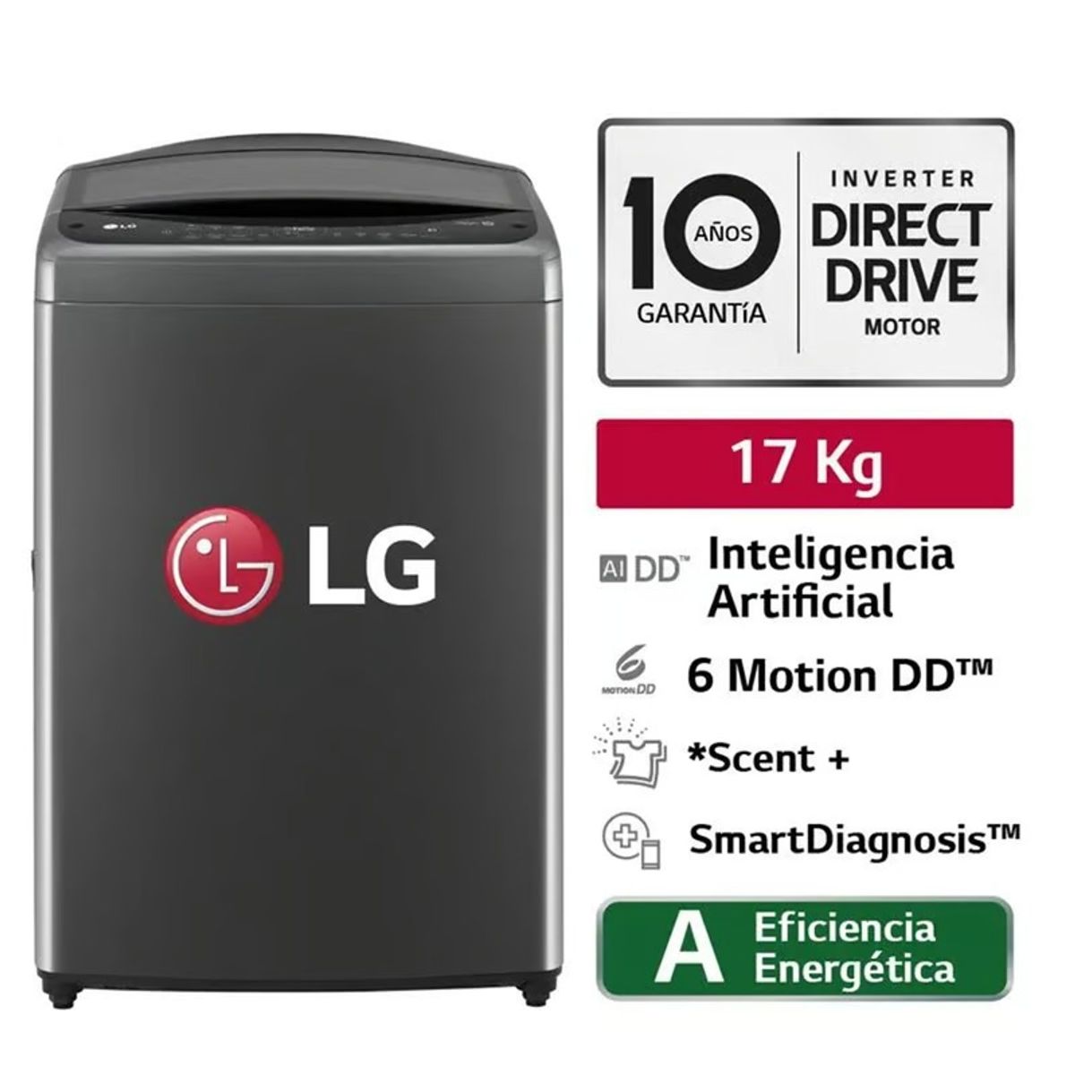 LG - Lavadora LG 17Kg AI DD Carga Superior Negro WT17BV6