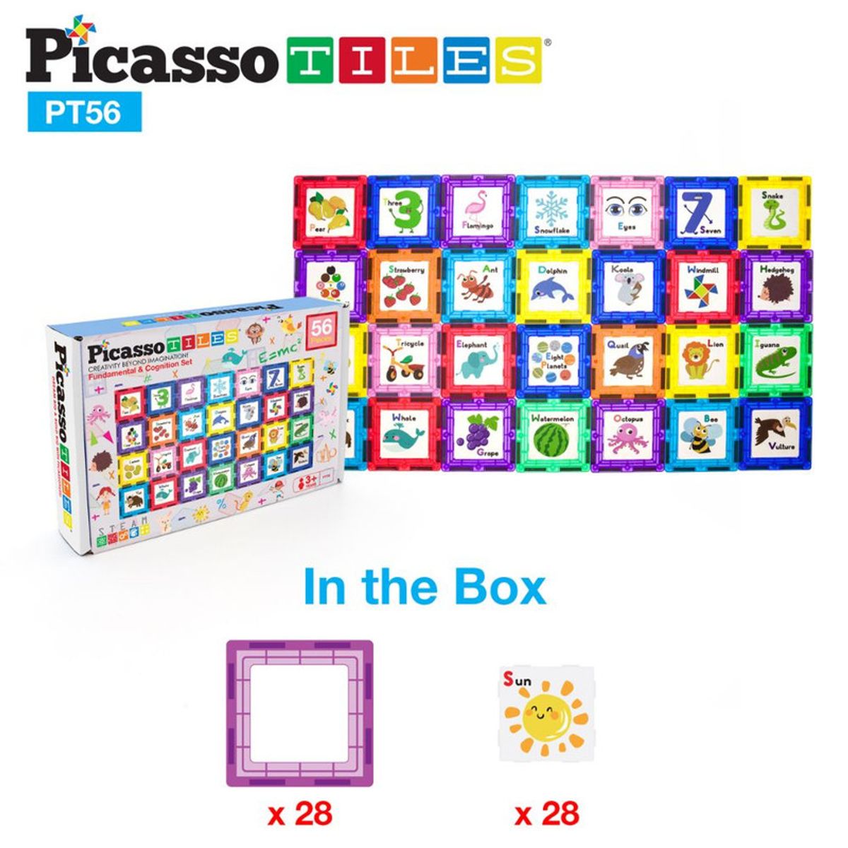 PICASSO TILES - Bloques Magnéticos Tarjeta Educativas de Abecedario y Números de 56 piezas