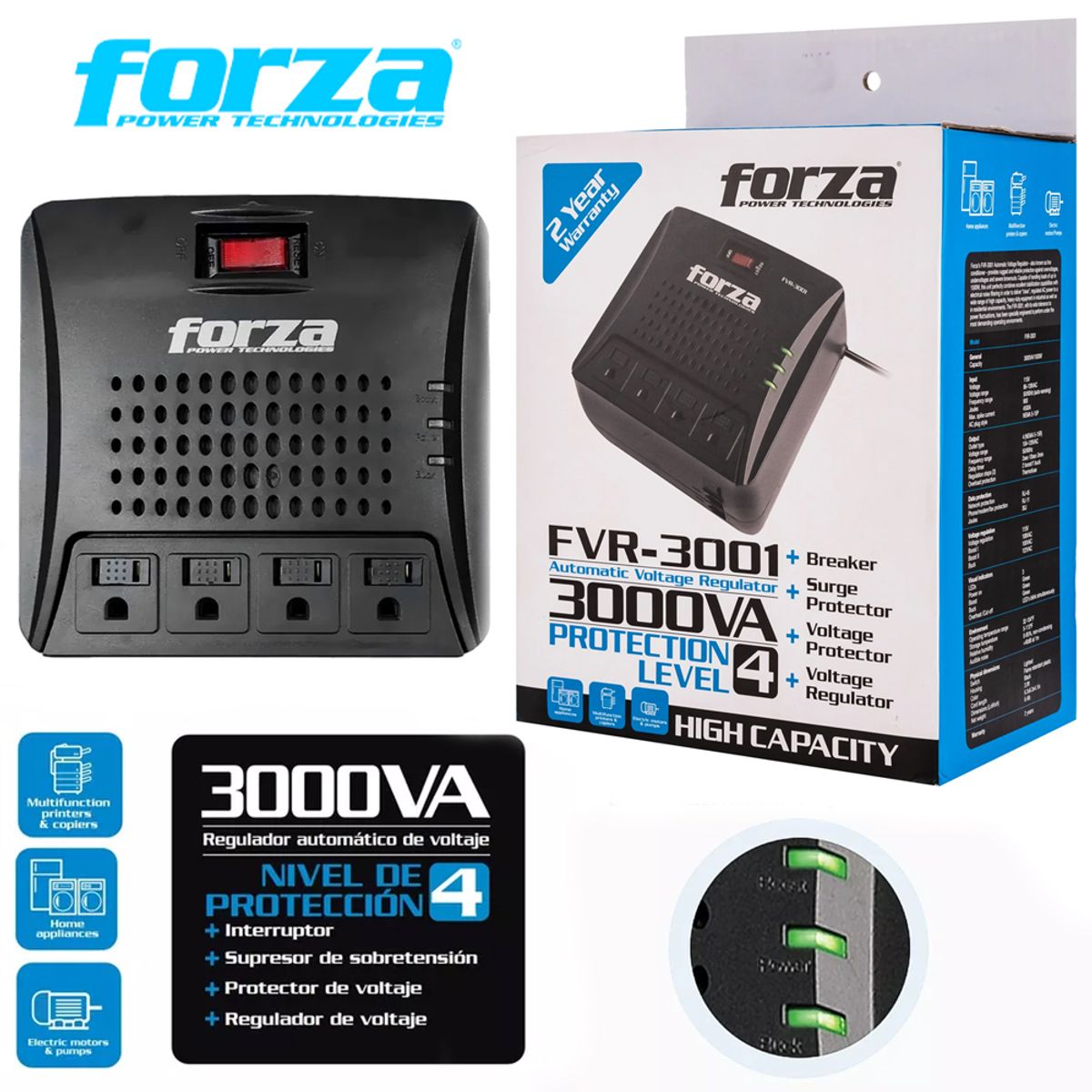 Estabilizador FORZA FVR-3002 3000VA 1500W 4 TOMAS 220V Regulador, marca FORZA - Foto Principal