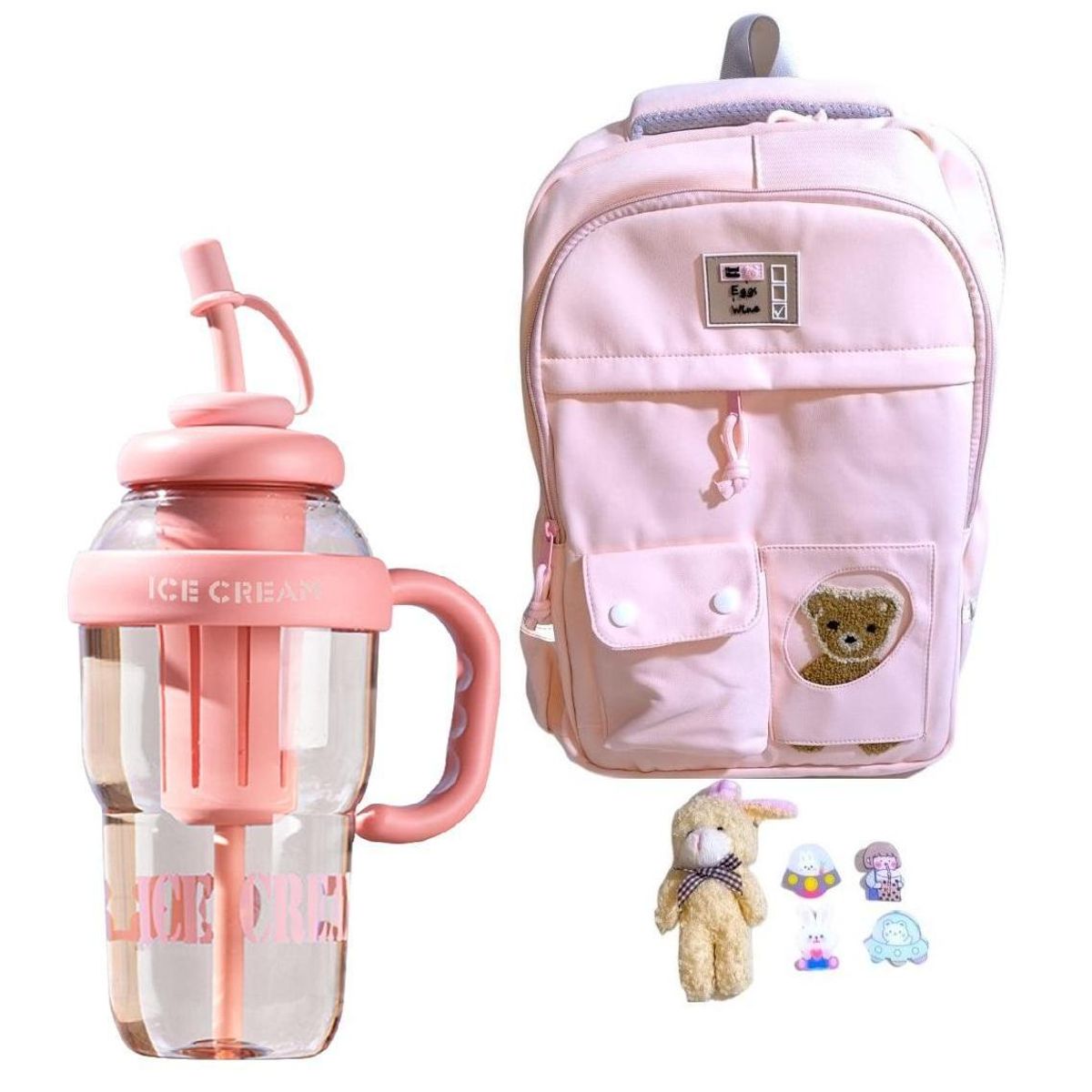 GENERICO - Mochila Kawaii porta laptop diseño Osito rosada más botella tomatodo