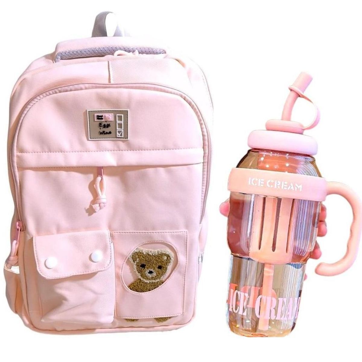 GENERICO - Mochila Kawaii porta laptop diseño Osito rosada más botella tomatodo