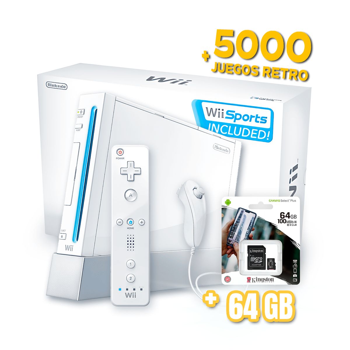 NINTENDO - Nintendo Wii Blanco Reacondicionada + 64Gb + 5000 Juegos Retro + HDMI