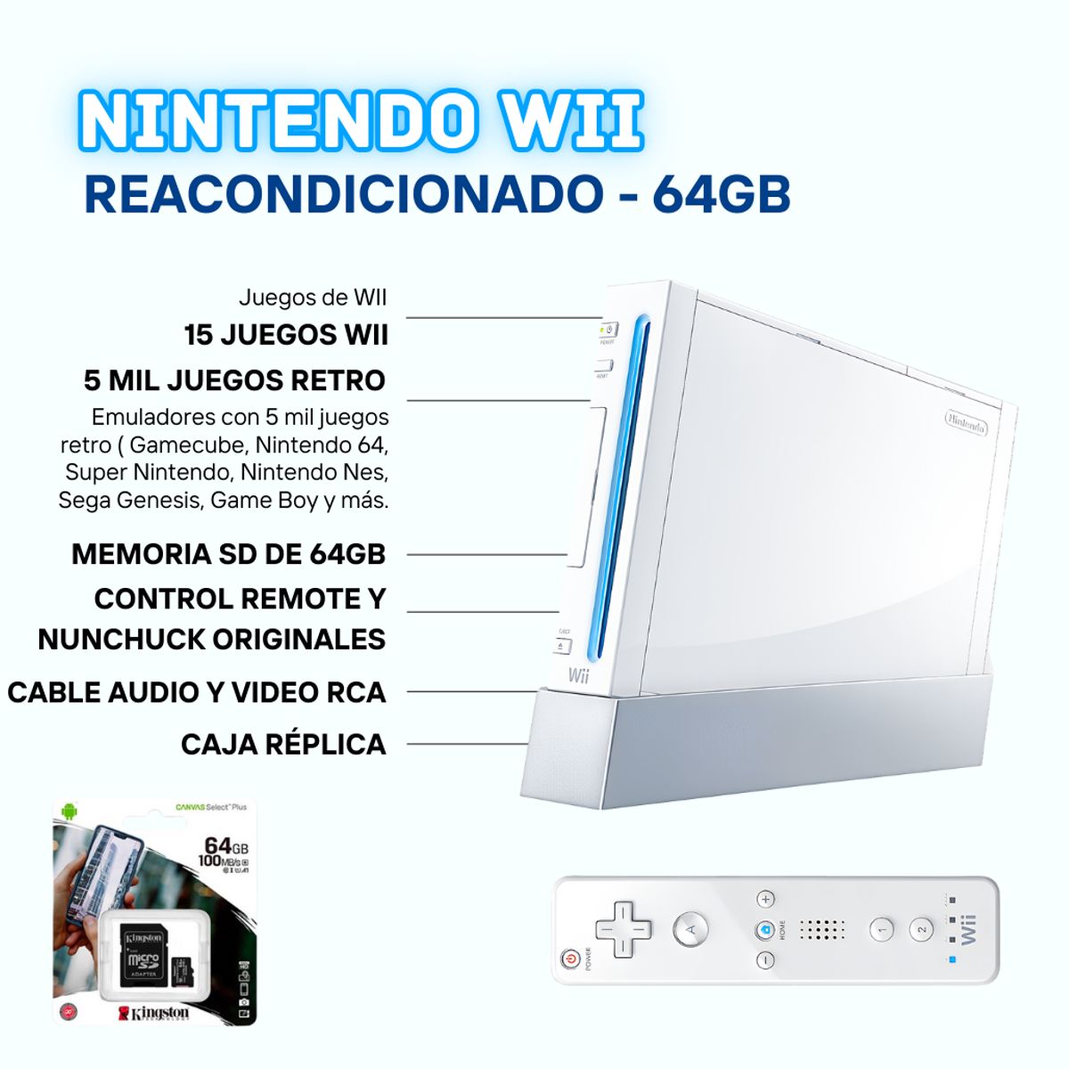 NINTENDO - Nintendo Wii Blanco Reacondicionada + 64Gb + 5000 Juegos Retro + HDMI