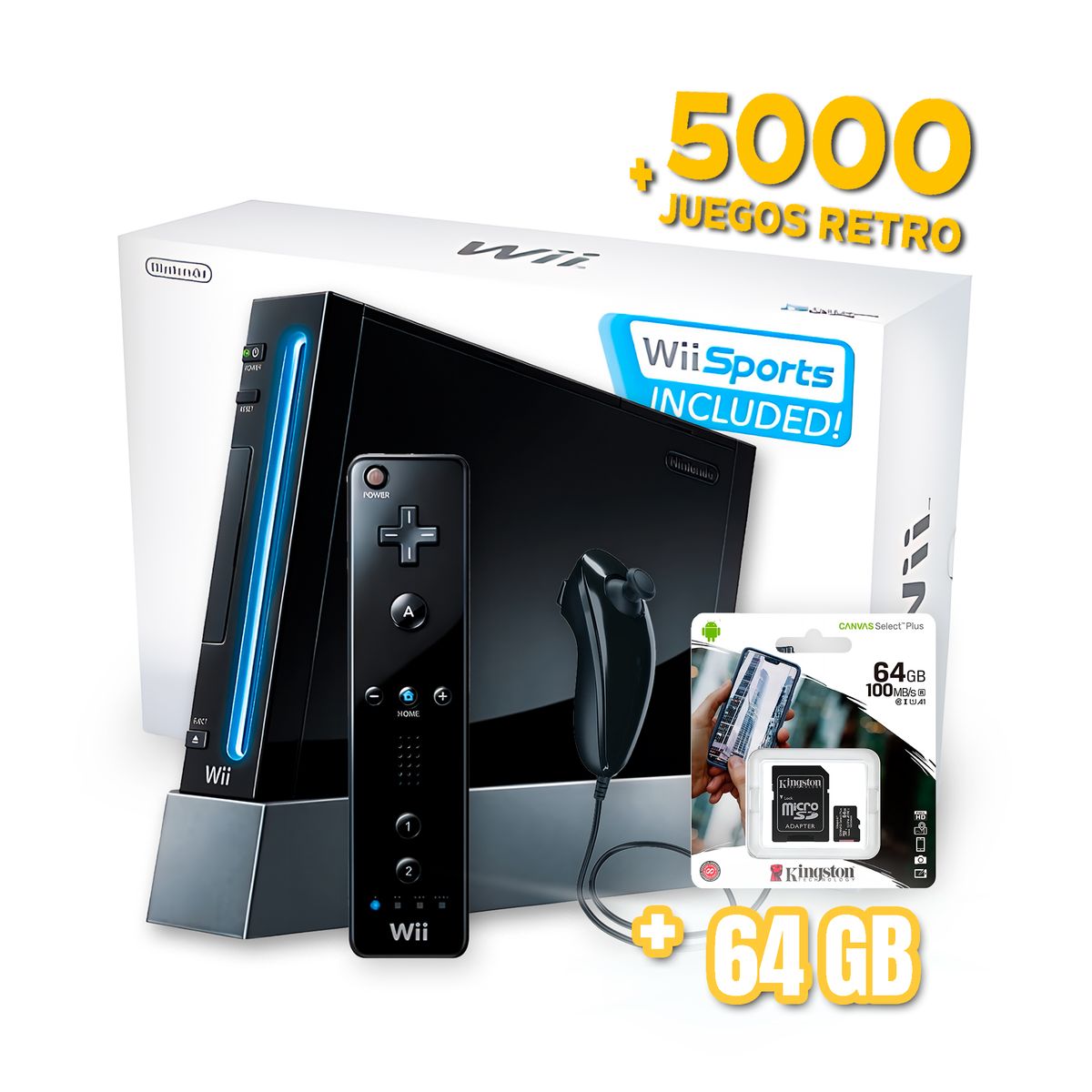 NINTENDO - Nintendo Wii Negro Reacondicionada + 64Gb + 5000 Juegos Retro