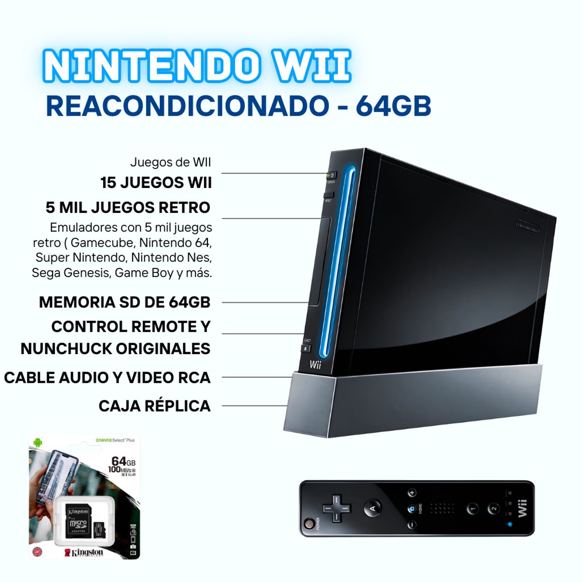 NINTENDO - Nintendo Wii Negro Reacondicionada + 64Gb + 5000 Juegos Retro